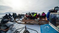 Retkeilijät nauttimassa lumisesta maisemasta moottorikelkkojen ja rekien kyydissä.