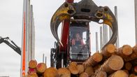 Pudasjärvinen Emma Juttula purkaa puutavarayhdistelmästä tukkipuuta sahan hihnalle. Kuva 27.5.2026.