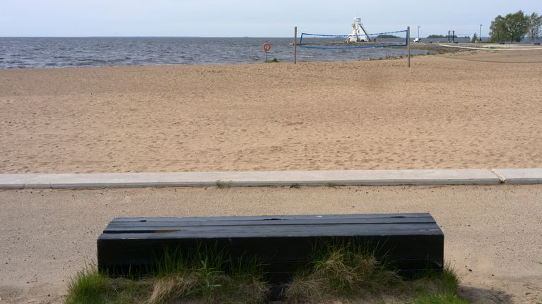 Penkki ja ja traustalla ranta sekä Oulun Nallikari majakka.