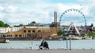 Kaksi ihmistä istuu lokkien seurana satamalaiturilla, taustalla Allas Sea Pool ja Katajanokan maailmanpyörä.