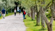 Människor promenerar på en grusväg i en park omgiven av träd.