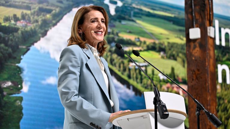 Google's Chief Investment Officer Ruth Porat speaking at a press conference.