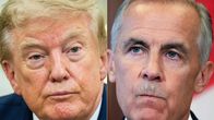 En kombination av foton på Donald Trump och Mark Carney. Båda med beslutsamma miner. 