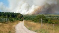 Soratie johtaa metsän ja niityn halki, taustalla nousee savua laajasta maastopalosta.