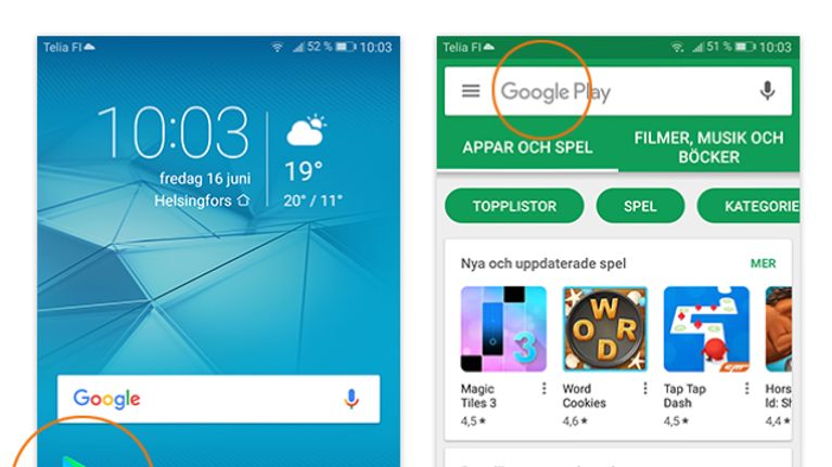 Bilder från Arenans app för Android.