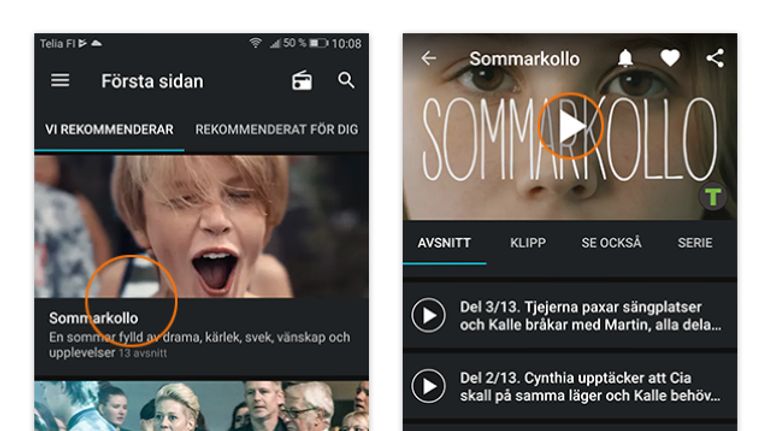 Bilder från Arenans app för Android.