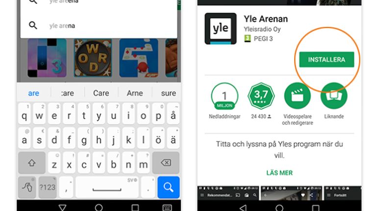 Bilder från Arenans app för Android.