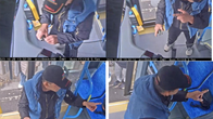 Valvontakamerakuva näyttää, miten mies seisoo bussissa ja pitää kädessään käsikranaatilta näyttävää esinettä.