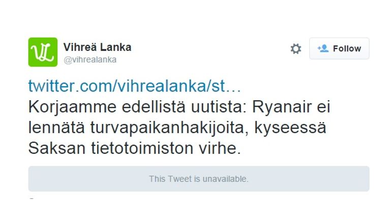 Kuvakaappaus Vihreän Langan twiitistä