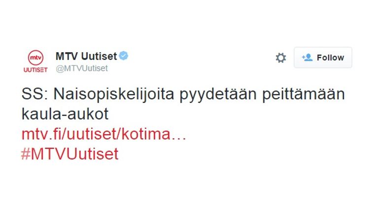 Kuvakaappaus MTV Uutisten twiitistä