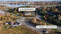 Ilmakuva Turun Hirvensalosta, syksymaisemassa. Kuvan keskellä sijaitsevat K-Supermarket ja S-kaupat, noutopiste, jotka on merkitty kuvatekstein. Taustalla avautuu näkymä kaupungin keskustaan ja vesistöön.