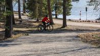 Person riding a bicycle by the sea, along a path surrounded by trees.