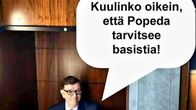 Meemi, jossa mies nouseee hissillä. Kuvassa myös puhekupla, jossa kerrotaan "Kuulinko oikein, että Popeda tarvitsee basistia!"