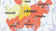 Ähtäri keskellä karttaa, osa sen ympäryskunnista on punaisella, koska ne ovat kieltäytymässä kuntajakoselvityksestä.