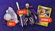 Disneys Talvi-Ihaa pehmolelu, Masters of the Universe Scare Glow -figuuri ja Pokémon Pikachu-kortti.