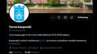 The image is a screenshot of the City of Turku's official X account profile, where they announce that they are quitting the platform.