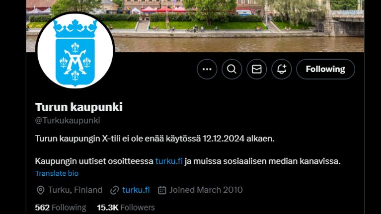 The image is a screenshot of the City of Turku's official X account profile, where they announce that they are quitting the platform.