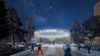 Havainnekuva, jossa hiihtäjät ovat menossa kohti aukiota, jonka ylle on muodostettu lipuista rinki.