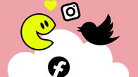 Piirroskuva, jossa on hymyilevä emoji, keltainen sydän sekä Instagramin, Twitterin ja Facebookin logot. Taustalla on pilvi.