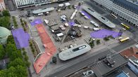 Kauppatorin ilmakuvaan on merkitty jo valmiit takuukorjausalueet sekä parhaillaan käynnissä oleva takuukorjaus.