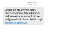 Kuvakaappaus Terveystalon lähettämästä tekstiviestistä, jossa kehotetaan maksaan lasku ennen kuin se siirtyy perintätoimistolle.