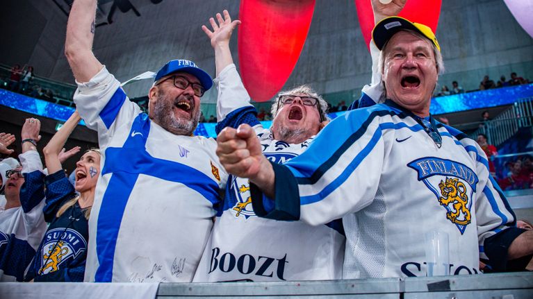 Finnish fans celebrate a goal during the semi-final of the IIHF Ice Hockey Switzerland 2026 World Championship between Canada and Finland.