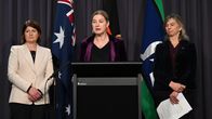 Kolme naista seisoo tiedotustilaisuudessa, keskellä Australian maatalousministeri Julie Collin.