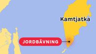Karta där en jordbävning på Kamtjatkahalvön prickats ut. 