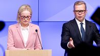 Riikka Purra ja Petteri Orpo vastaa media kysymyksiin tiedotustilaisuudessa.