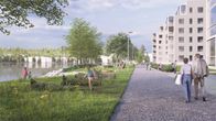 Ihmiset nauttivat aurinkoisesta päivästä joen varrella modernin asuinalueen läheisyydessä havainnekuvassa.
