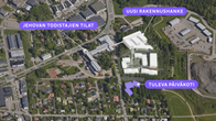 Ilmakuva, johon on piirretty valkoisina laatikoina uudet tilat.
