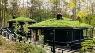 Två svarta byggnader med gröntak omgivna av tallar och vegetation, en ramp leder fram till ingången.