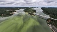 Green sea in the foreground, bridge and islands in the background.