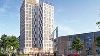 Havainnekuva vaaleasta tornihotellista. Vieressä näkyy Syke-kauppakeskus.