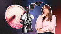 Kollaasikuva, jossa Noora Takamäki sekä anatomiamalli ruumiin tutkimiseen.