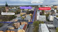 Turun Hämeenkatu kuvattuna ilmasta kuvaan merkattu Hämeenkatu, mahdollisesti tulevan ratikan reitti sillä, Uudenmaankatu ja Kiinanmyllynkatu.