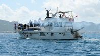 En båt som hör till Global Sumud Flotilla utanför Turkiet.