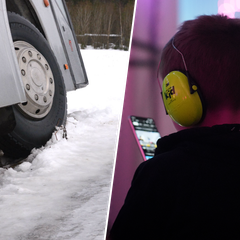 Kollage av fyra bilder föreställande en pojke som kastar snöboll, en läkare som skyndar sig, en buss i ett dike och ett barn med hörselskydd.