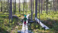 Photo shows a child running in a forest.