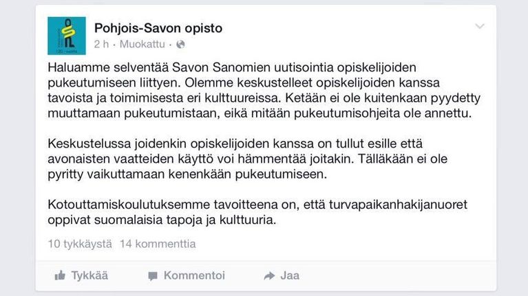 Kuvakaappaus Pohjois-Savon opiston Facebook-statuksesta