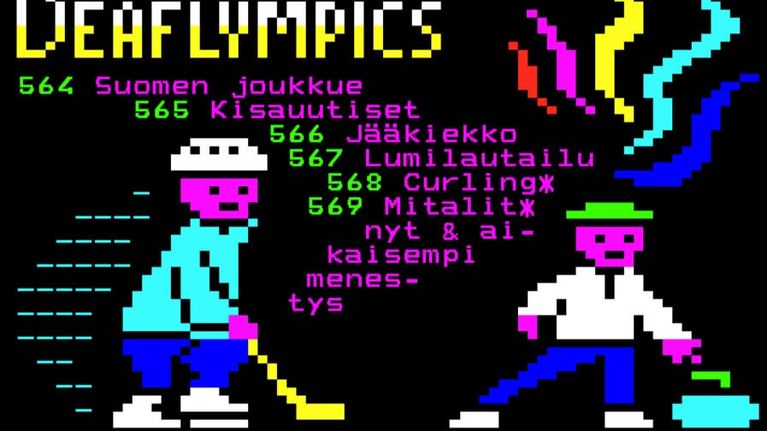 Kuurojen talviolympialaisten teksti-tv: sivu. Pikselikiekkoilijoita.