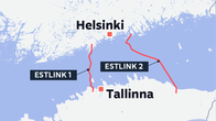 The map shows ESTLINK 1 and 2 between Finland and Estonia with the lines of the cables running under the Gulf of Finland.