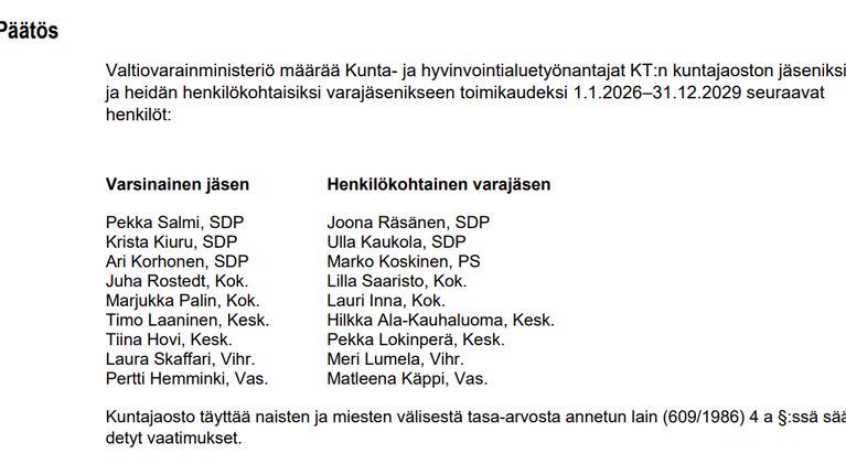 Nimityspäätös KT:n tehtäviin.