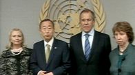 Yhdysvaltain ulkoministeri Hillary Clinton, Ban Ki-Moon, Venäjän ulkoministeri Sergei Lavrov ja EU:n ulkoministeri Catherine Ashton New Yorkissa 23. syyskuuta.
