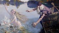Yksityiskohta Akseli Gallen-Kallelan Aino-triptyykin keskimmäisestä osasta. Ilkkuva Aino hyppää veneestä ja pakenee. Väinämöinen harottelee käsiään.