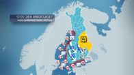 Varoituskartta, jossa on paljon punaista ja keltaista.