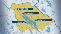 Kartta, johon merkitty Valtimo, Nurmes, Lieksa ja Juuka.
