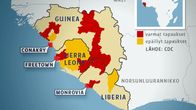 Kartta Ebolan levinneisyydestä Guineassa, Sierra Leonessa ja Liberiassa kesäkuun lopulla 2014.