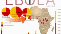 Kartta Ebolan esiintymisestä Afrikassa vuodesta 1976 nykypäivään.