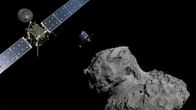 Piirroskuva Rosettasta ja siitä irtautuneesta Philae-laskeutujasta matkalla kohti Tshurjumov-Gerasimenko-komeettaa.